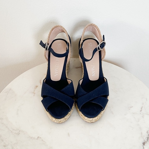 NEW STUART WEITZMAN Mirela Round Toe Wedge Espadrille Sandals Navy Blue Size 5.5 - Picture 6 of 10